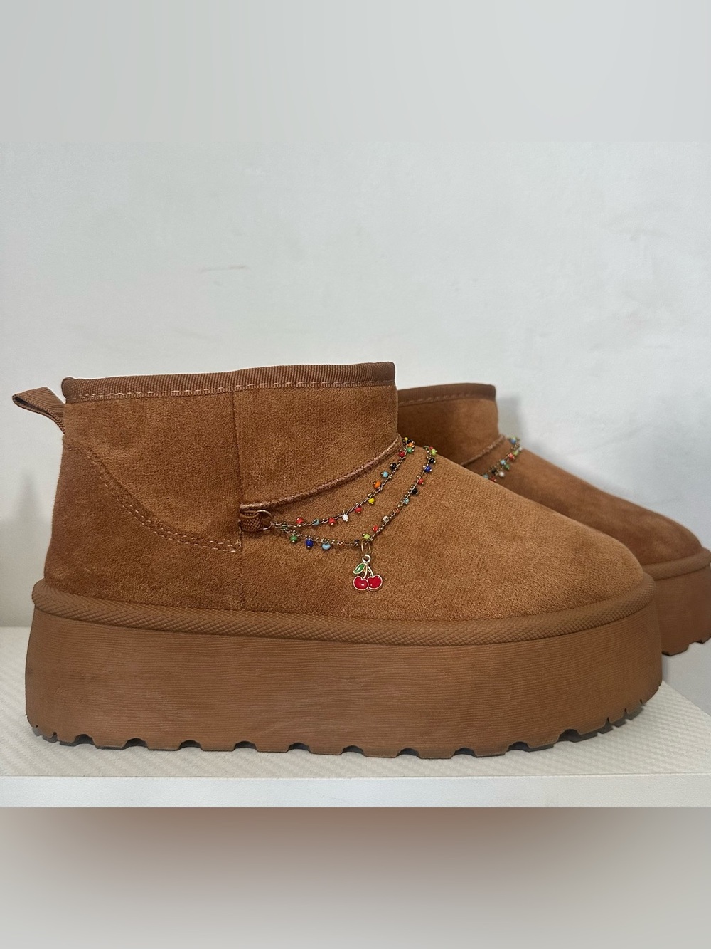 Y2K Mudd Chestnut Suede Platform Ankle Boots with Charms